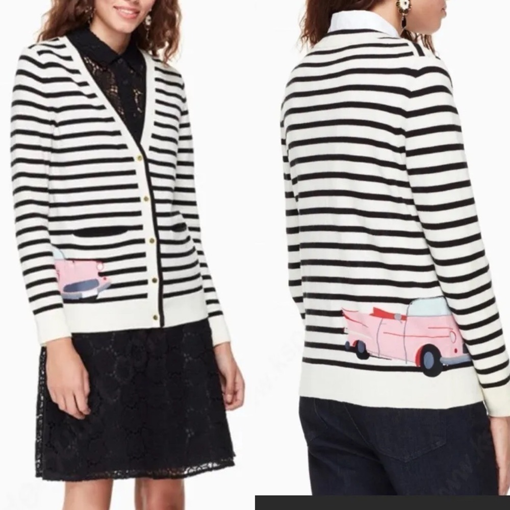KATE SPADE Broome Street black white striped Pink Cadillac cardigan Sweater 50’s - Picture 2 of 7
